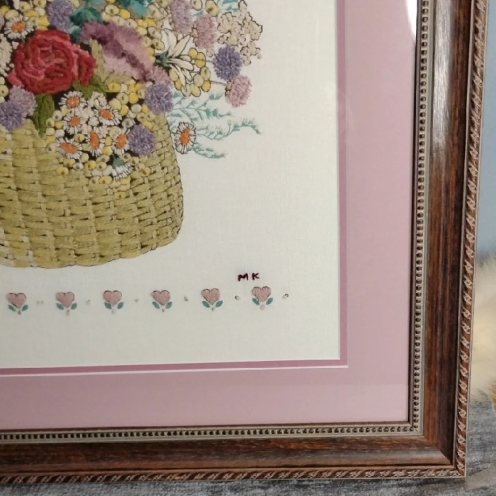 . Vintage Embroidery Framed Floral Wall Art - Flower Basket, Pink Mat, Wood